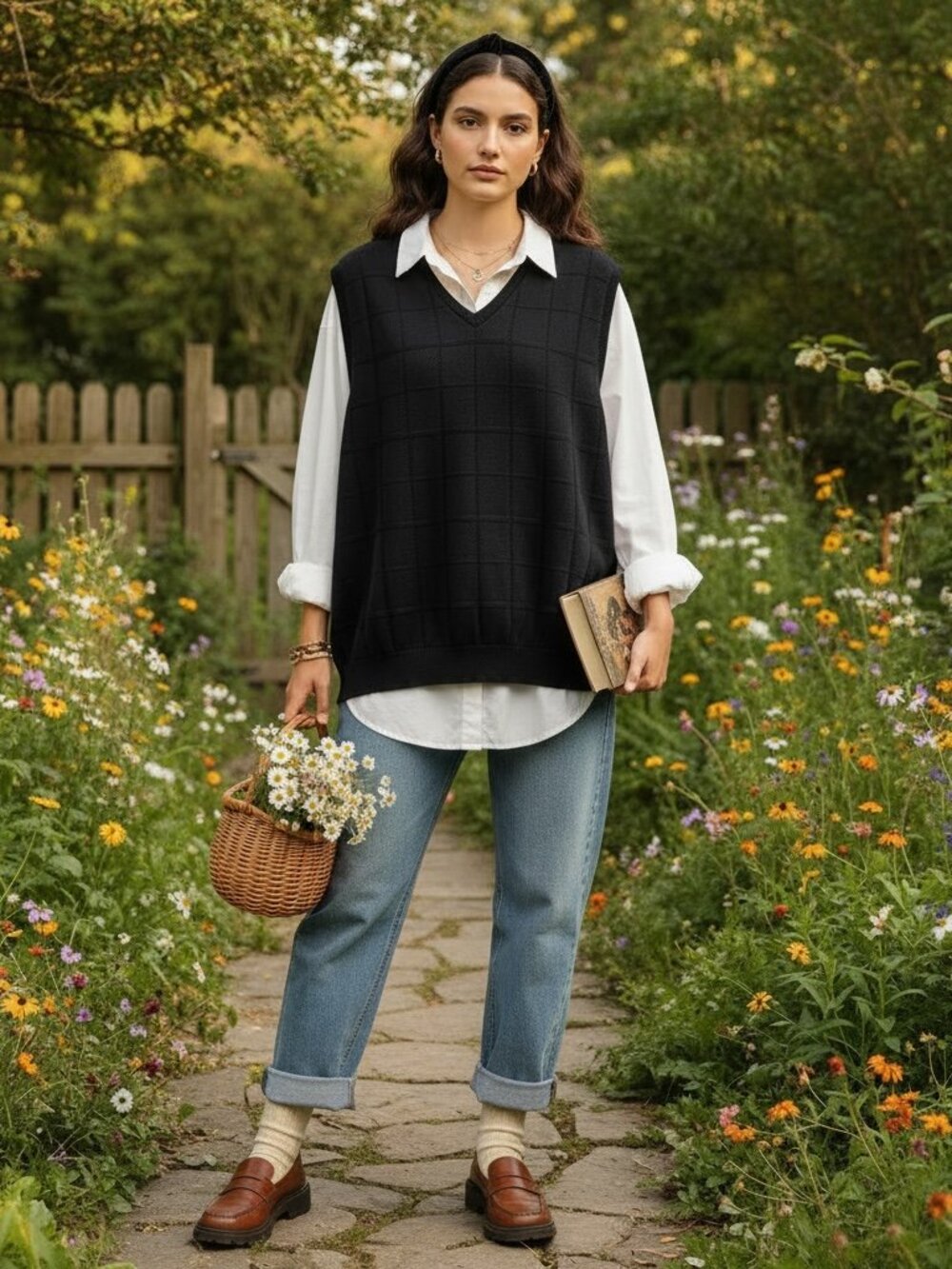 Haggar Men’s Black Windowpane V-Neck Sweater Vest Size XL Classic Preppy